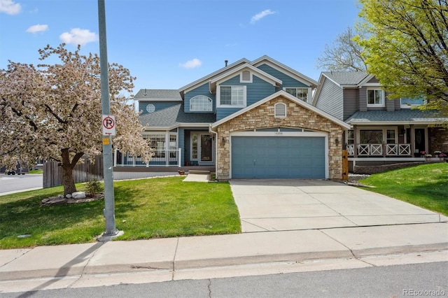 4290 Cottonwood Lakes Blvd, Thornton, CO 80241 - craftsman-style house featuring driveway, roof with shingles, a front yard, a garage, and stone siding