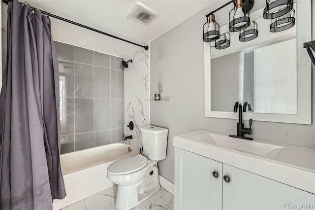 full bathroom featuring shower / bath combination with curtain, vanity, and toilet