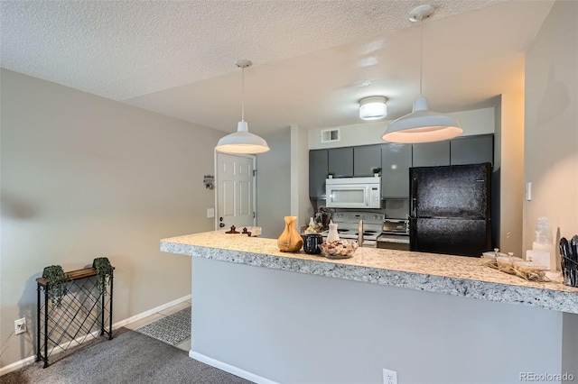 2575 S Syracuse Way Unit B107, Denver, CO 80231 - kitchen with white appliances, gray cabinetry, light countertops, a peninsula, and pendant lighting