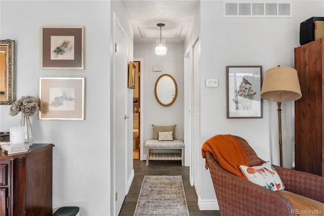 hallway with dark hardwood / wood-style floors and a textured ceiling