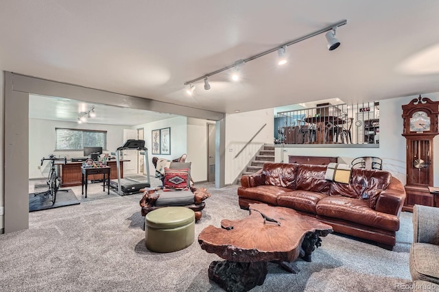 7875 W 21st Ave, Lakewood, CO 80214 - carpeted living area featuring track lighting and stairs