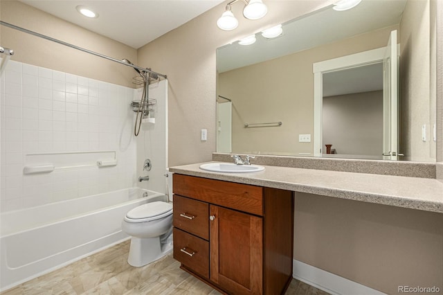 full bath with toilet, vanity, and shower / tub combination