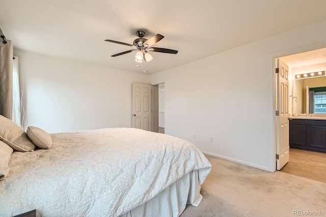 12981 E 108th Way, Commerce City, CO 80022 - bedroom featuring light carpet, ceiling fan, and connected bathroom