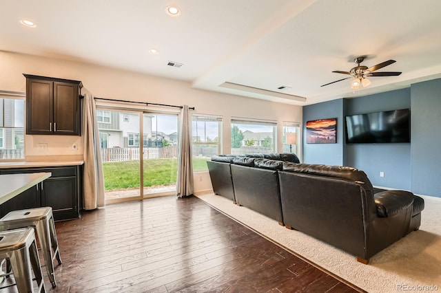 12981 E 108th Way, Commerce City, CO 80022 - living room with a ceiling fan, dark wood finished floors, and recessed lighting