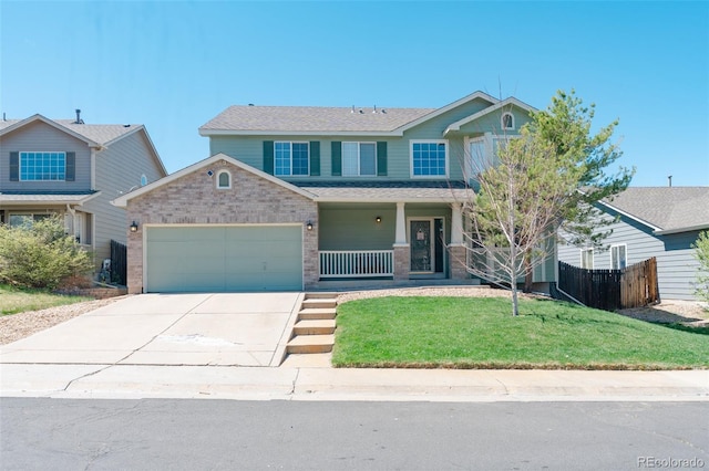 view of front of house with fence, driveway, a porch, a front yard, and a garage