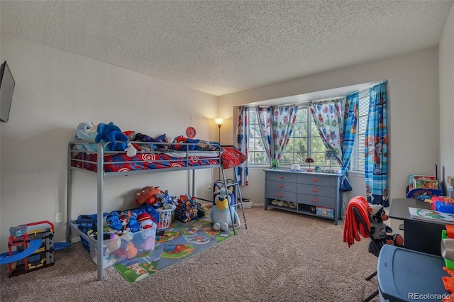 carpeted bedroom with a textured ceiling