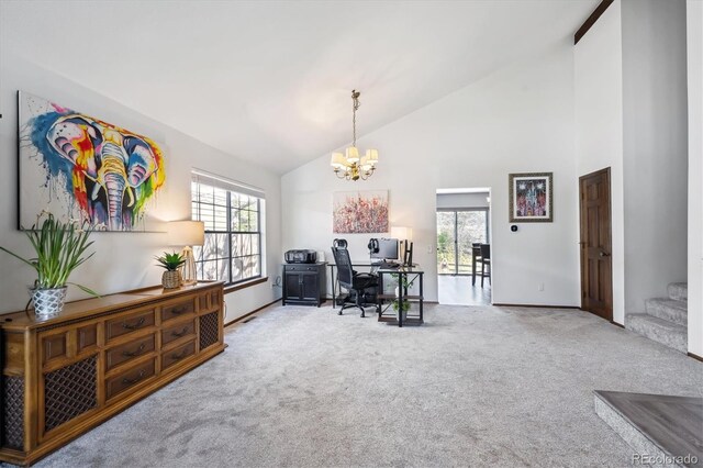 7942 S Vincennes Way, Centennial, CO 80112 - office area with baseboards, carpet, a notable chandelier, and high vaulted ceiling