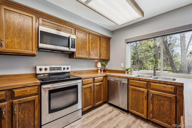 7942 S Vincennes Way, Centennial, CO 80112 - kitchen featuring brown cabinets, appliances with stainless steel finishes, a sink, light wood finished floors, and wooden counters