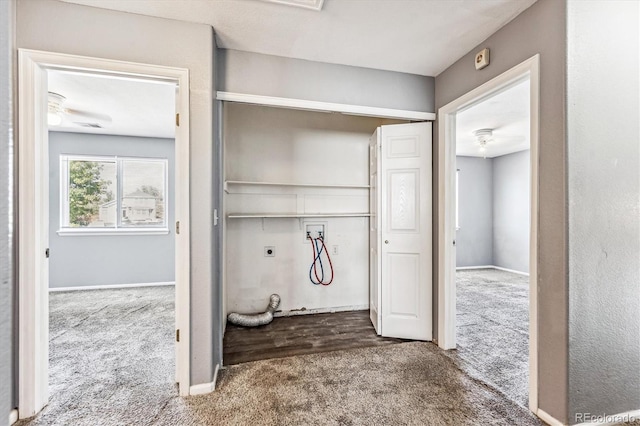 clothes washing area with electric dryer hookup, dark carpet, and hookup for a washing machine