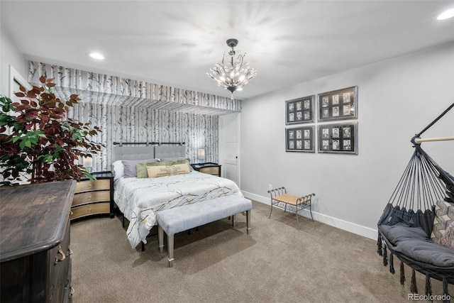 bedroom with baseboards, recessed lighting, carpet, and a notable chandelier