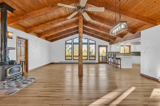 820 Schulze Ranch Rd, Westcliffe, CO 81252 - unfurnished living room featuring a wood stove, light wood-style flooring, plenty of natural light, baseboards, and wood ceiling