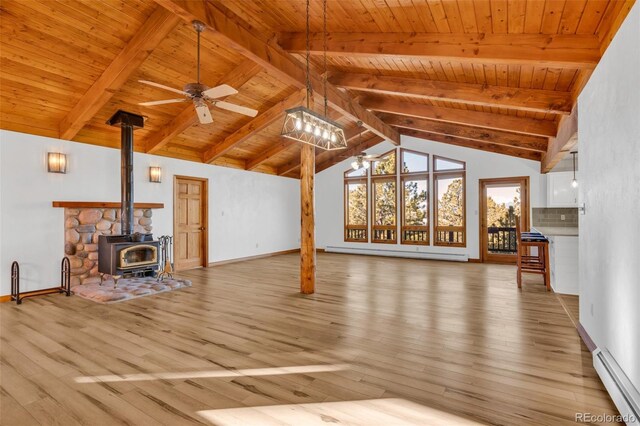 820 Schulze Ranch Rd, Westcliffe, CO 81252 - unfurnished living room featuring a ceiling fan, a baseboard radiator, a wood stove, wood ceiling, and wood finished floors