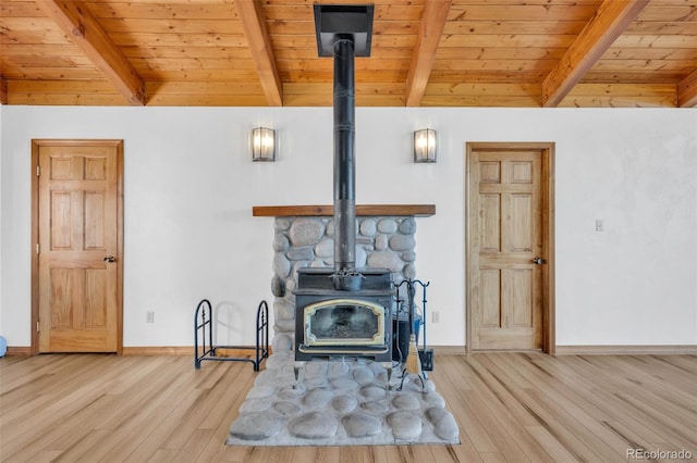 820 Schulze Ranch Rd, Westcliffe, CO 81252 - living area with a wood stove, wooden ceiling, beam ceiling, wood finished floors, and baseboards