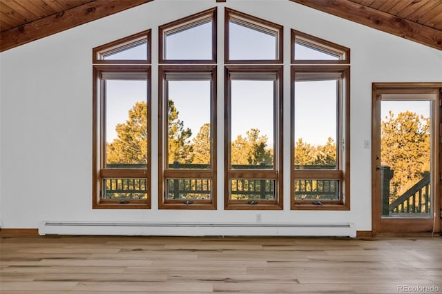 820 Schulze Ranch Rd, Westcliffe, CO 81252 - interior space with light wood-type flooring, baseboard heating, and wooden ceiling