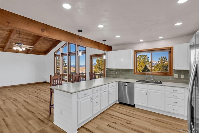 820 Schulze Ranch Rd, Westcliffe, CO 81252 - kitchen featuring appliances with stainless steel finishes, light wood-style floors, a peninsula, a sink, and decorative backsplash