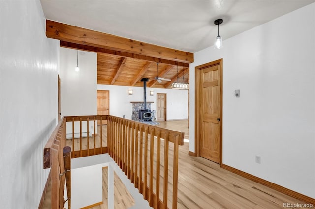 820 Schulze Ranch Rd, Westcliffe, CO 81252 - stairs with a wood stove, a baseboard radiator, wood finished floors, and baseboards