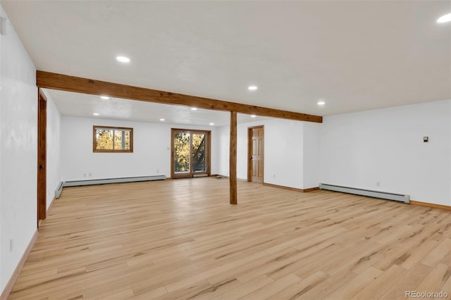 820 Schulze Ranch Rd, Westcliffe, CO 81252 - below grade area featuring a baseboard heating unit, a baseboard radiator, recessed lighting, light wood finished floors, and baseboards