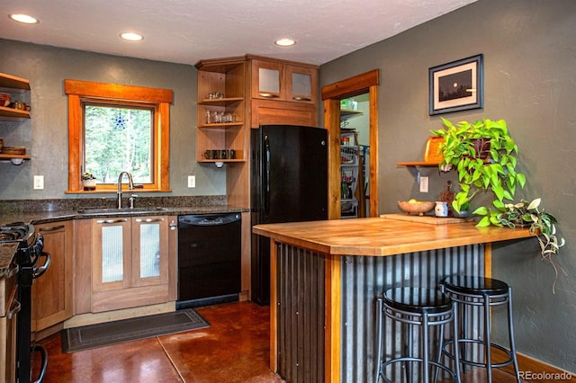 10 Bullion Mine Rd, Keystone, CO 80435 - kitchen featuring open shelves, black appliances, butcher block countertops, recessed lighting, and brown cabinetry