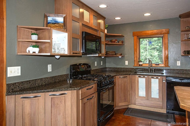 10 Bullion Mine Rd, Keystone, CO 80435 - kitchen featuring open shelves, black appliances, recessed lighting, dark stone counters, and glass insert cabinets