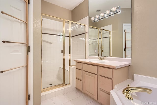 2700 W Riverwalk Cir Unit C, Littleton, CO 80123 - bathroom with a shower stall, a bath, vanity, and tile patterned floors