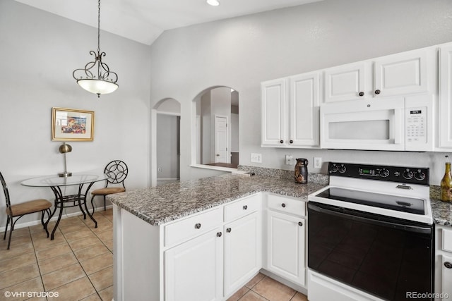 kitchen with kitchen peninsula, white cabinets, light tile patterned floors, decorative light fixtures, and white appliances