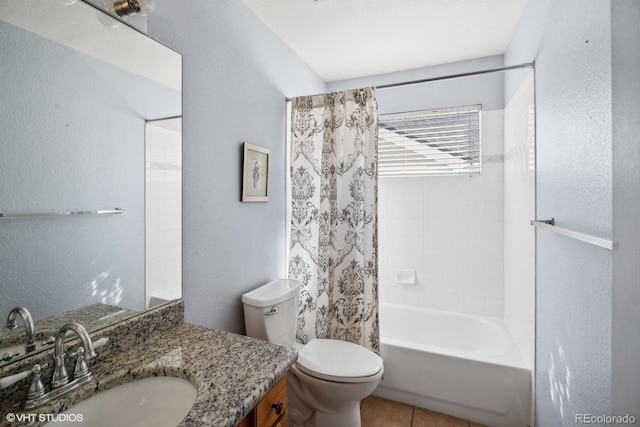 full bathroom featuring vanity, toilet, shower / bathtub combination with curtain, and tile patterned flooring