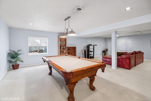 playroom with light carpet and pool table