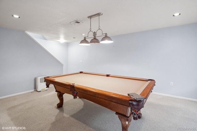 game room with light colored carpet and billiards