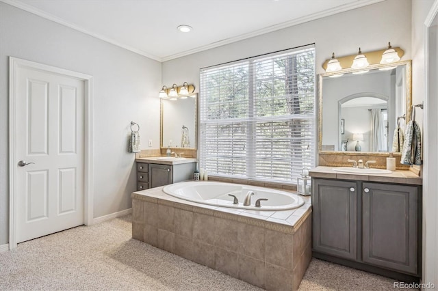 4185 Cheyenne Dr, Larkspur, CO 80118 - bathroom featuring two vanities, a garden tub, crown molding, baseboards, and recessed lighting