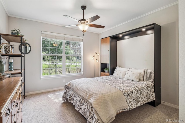 4185 Cheyenne Dr, Larkspur, CO 80118 - carpeted bedroom featuring baseboards, ornamental molding, and ceiling fan