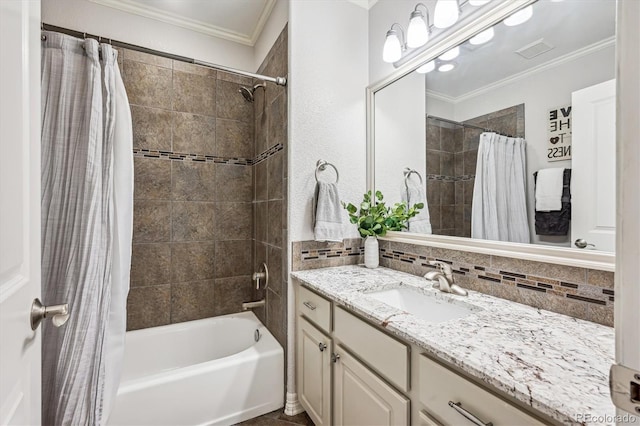 4185 Cheyenne Dr, Larkspur, CO 80118 - full bath featuring vanity, ornamental molding, shower / tub combo with curtain, and tasteful backsplash
