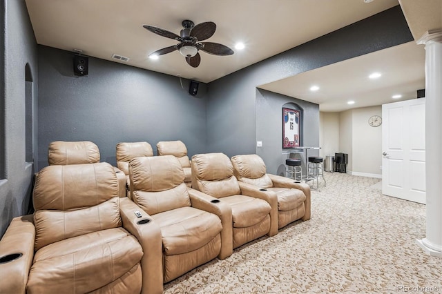 4185 Cheyenne Dr, Larkspur, CO 80118 - carpeted home theater with ceiling fan, recessed lighting, and ornate columns