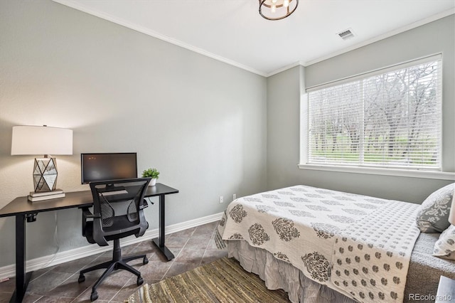 4185 Cheyenne Dr, Larkspur, CO 80118 - bedroom with ornamental molding, baseboards, tile patterned floors, and a desk