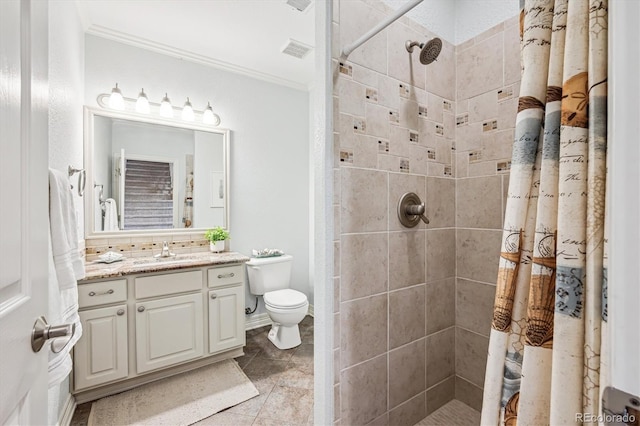 4185 Cheyenne Dr, Larkspur, CO 80118 - full bathroom with ornamental molding, vanity, toilet, and a tile shower