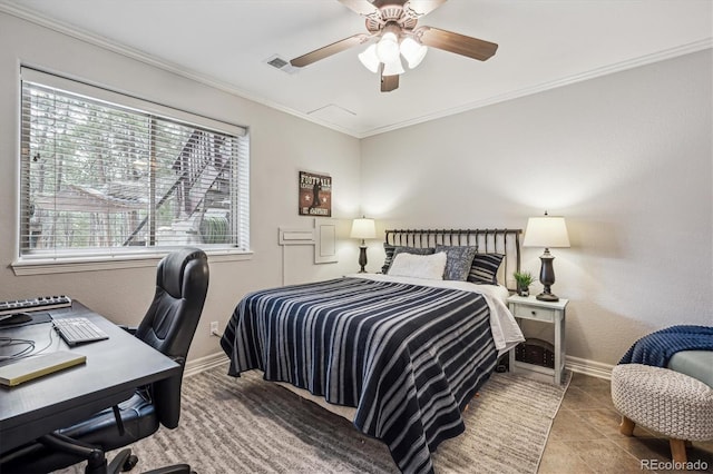 4185 Cheyenne Dr, Larkspur, CO 80118 - bedroom featuring baseboards, ornamental molding, a desk, and ceiling fan