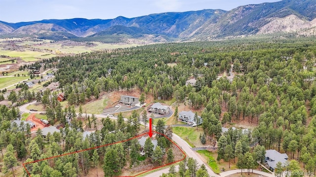 4185 Cheyenne Dr, Larkspur, CO 80118 - aerial view of property's location featuring property parcel outlined, a heavily wooded area, and mountains