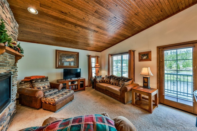 living room with brick wall, a fireplace, wooden ceiling, high vaulted ceiling, and carpet flooring