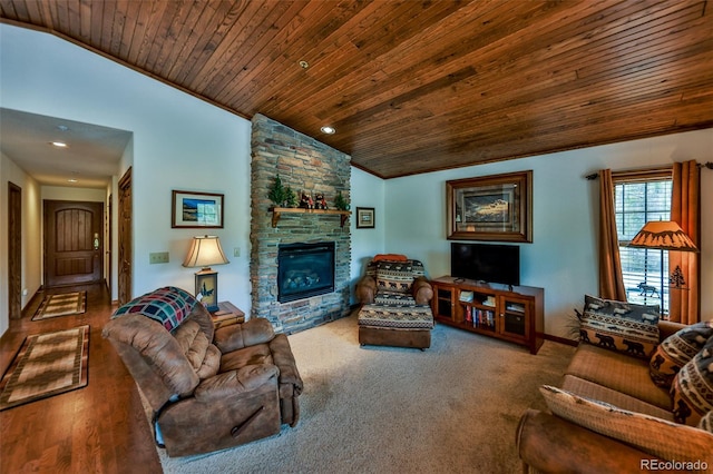 living room featuring wood ceiling, carpet floors, a fireplace, and lofted ceiling