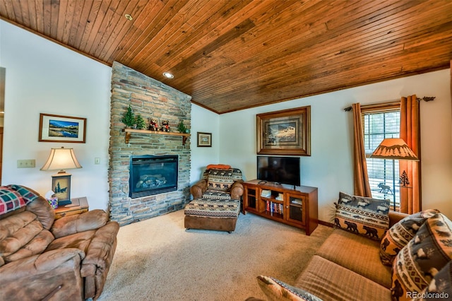 carpeted living room with a stone fireplace, wooden ceiling, and lofted ceiling