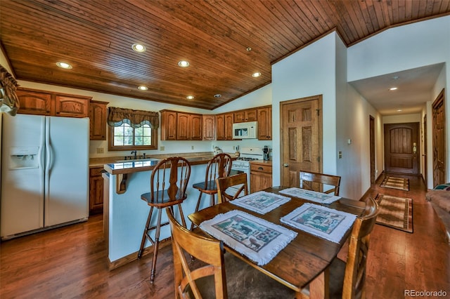 dining room with sink, dark hardwood / wood-style flooring, lofted ceiling, and wood ceiling