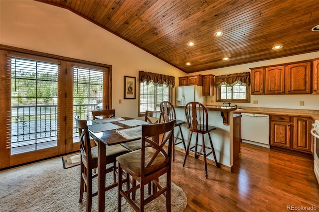 dining area featuring dark hardwood / wood-style floors, lofted ceiling, and wooden ceiling