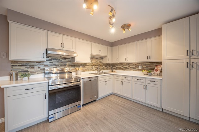 kitchen with under cabinet range hood, appliances with stainless steel finishes, light wood-style flooring, and light countertops