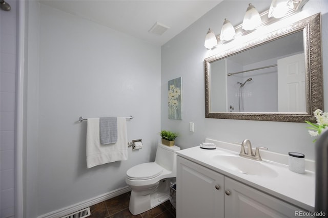 bathroom with vanity, visible vents, walk in shower, tile patterned floors, and toilet