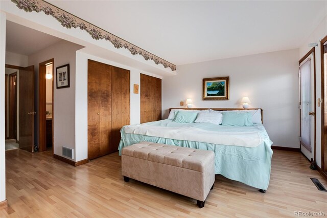 bedroom featuring light wood-type flooring and two closets