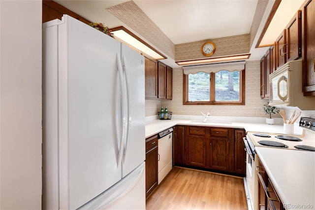 kitchen with light wood-type flooring, a sink, backsplash, white appliances, and light countertops