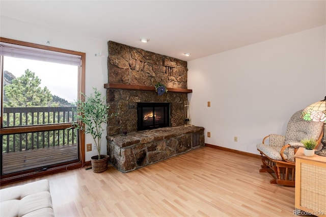 living area with baseboards, wood finished floors, and a fireplace