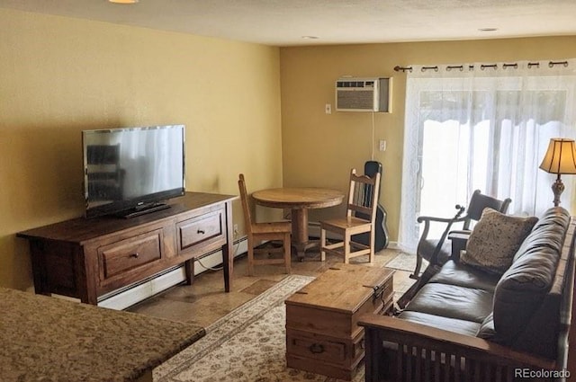 living room featuring a wall mounted air conditioner and a baseboard heating unit