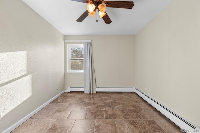 spare room with ceiling fan and baseboard heating