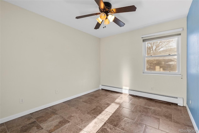 empty room featuring baseboard heating and ceiling fan