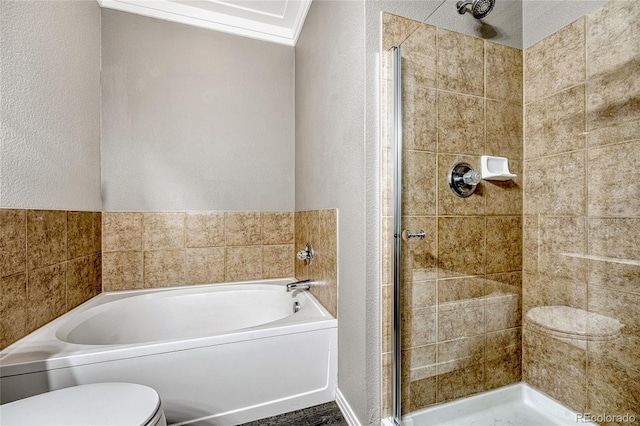 bathroom with shower with separate bathtub, toilet, and ornamental molding